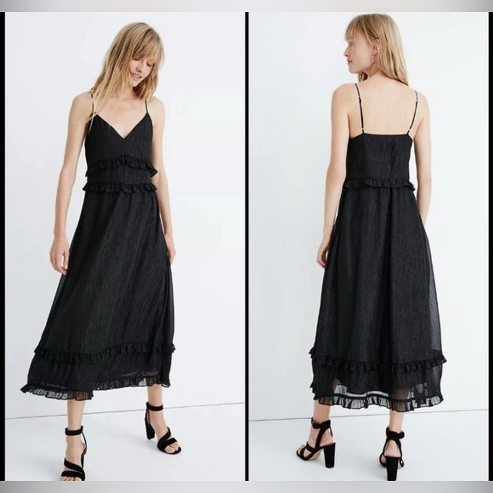 NWT $158 Madewell Shimmer Ruffle Black Cami Maxi‎ Dress size 0